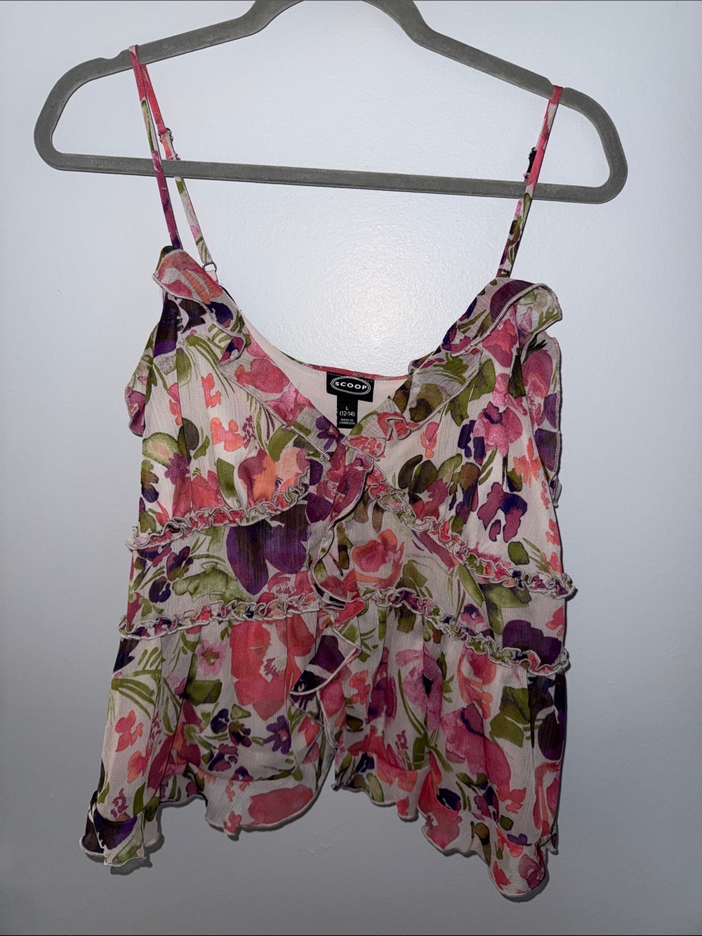 Scoop Floral Ruffle Pink Spaghetti-Strap Camisole